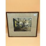 Signed coloured Etching by M Haranz Depicts eerie street scene. Signed in pencil. [Frame 44x50cm]