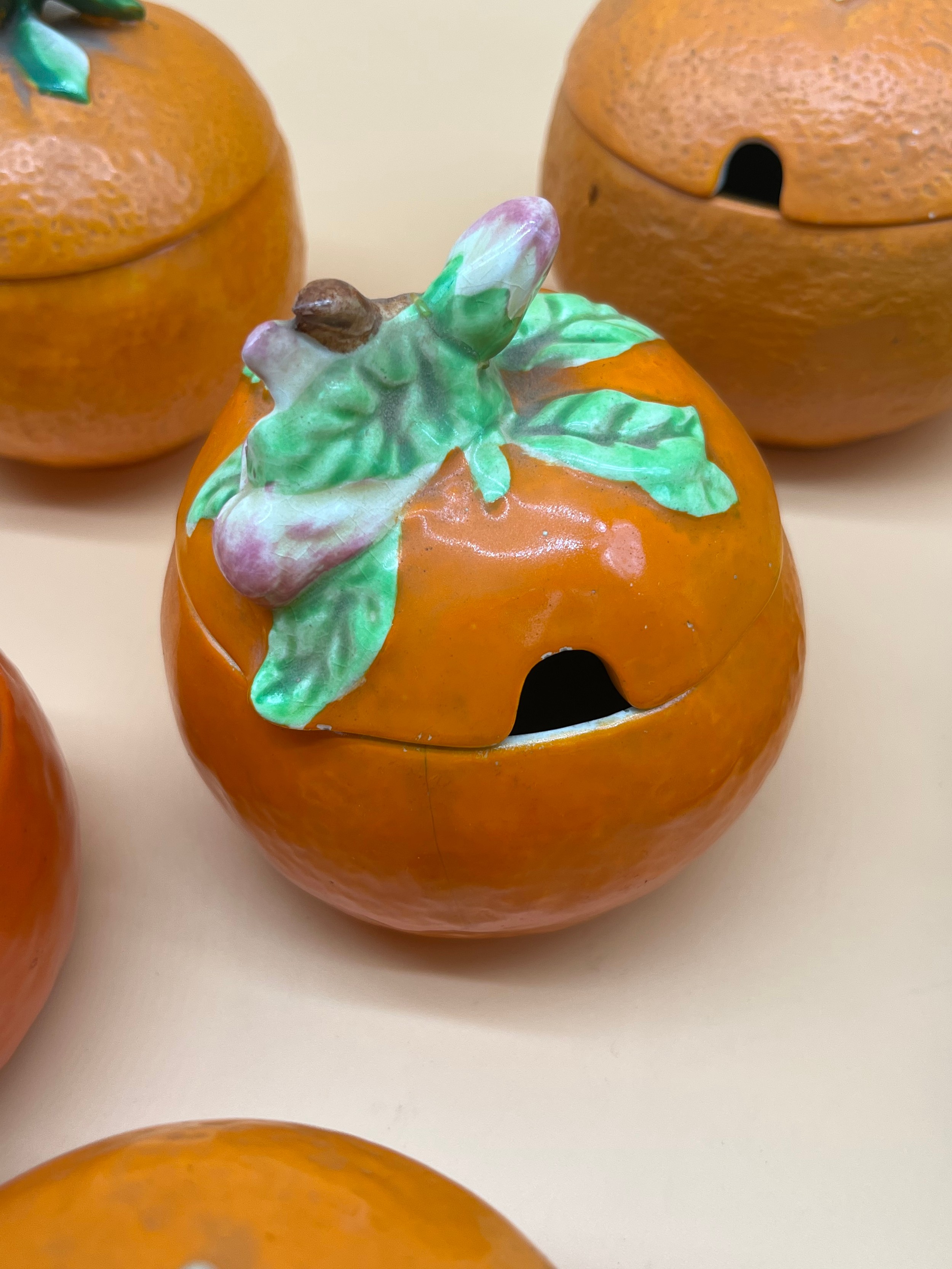 A Collection of various porcelain makers marmalade preserve pots in the form of oranges and - Image 4 of 11