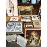 Collection of artwork prints, oil paintings and etchings to include James Shaw etching, 1899