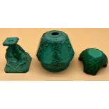 Three pieces of Art Deco green carved malachite sculptures. [All as found in areas]