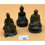 Three 20th century bronze, green patina deity sculptures. [9cm high]