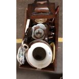 Box of odds to include clock, porcelain, binoculars in fitted case and oriental vase