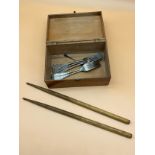 Vintage document box, plated fork set and a pair of Carlton D Drumsticks