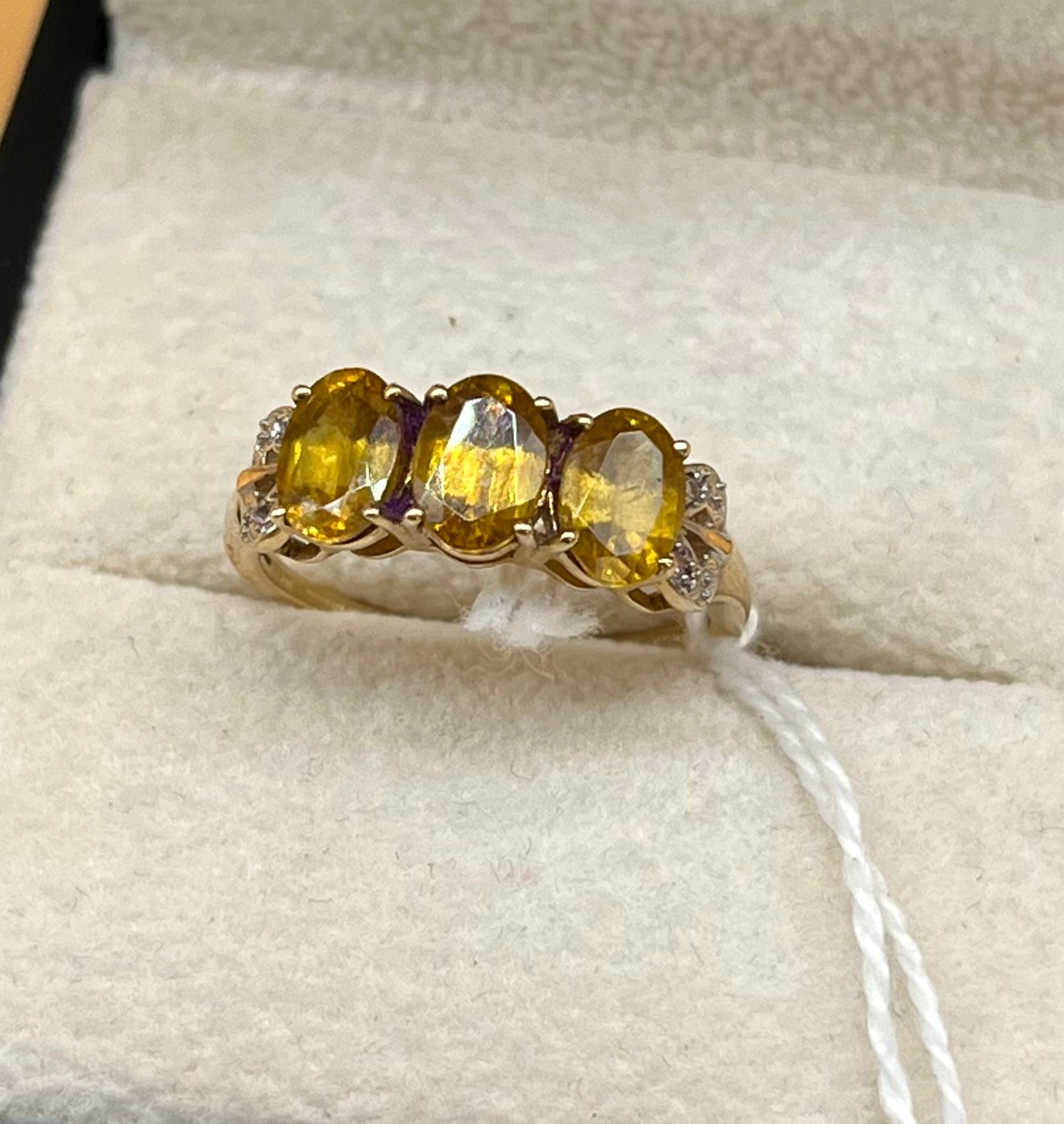 10ct yellow gold ladies ring set with three large orange tourmaline stones of set by diamond cluster - Image 2 of 2