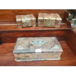 Victorian glove box together with 2 eastern brass bound oriental boxes .