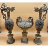 Antique Alabaster urn garnitures together with centre piece pedestal urn. Together with alabaster