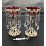 Pair of antique bohemian ruby cut lustres [possibly Moser] (28cm) [crack to one of the rims- see