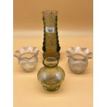 Four pieces of Vaseline/ opalescent glass vases. Includes Loetz style tall vase. [21cm high]