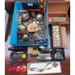 Box full of collectable odds to include ink wells, porcelain, vintage games etc