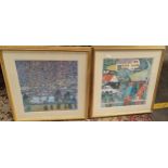 Lot of two framed prints depicting sea village scenes