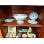 Two shelves of collectables to include Victorian Scottish 'Magdala' Boness pottery bowl, horse