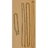 Three various 9ct yellow gold necklaces together with a 9ct yellow gold curb bracelet. [19.95grams]