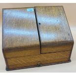 Antique oak desk top stationary chest. Opens up to reveal letter storage and pen tray. Small thin