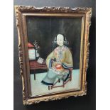Antique Chinese reverse glass painting depicting seated lady with opium pipe. Fitted within a molded