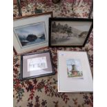 Four various artworks and print to include Andrew Carnegie birthplace house Dunfermline, D Fallows