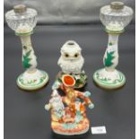 A Lot of collectables to include Victorian porcelain Owl with glass eyes oil lamp base, Porcelain