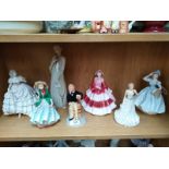 Shelf of various lady figurines to include Royal Doulton, Royal Worcester, Coalport etc