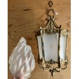 Antique light, the moulded cast metal frame painted in gilt with frosted glass inserts, together