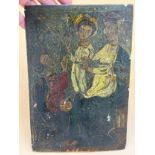 Antique religious icon painting depicting three figures. Painted on a wooden panel. [24.5x16.5cm]