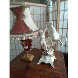 Early Marley horse spelter table lamp together with ornate table lamp.