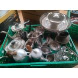 Box of silver plated wares includes 4 piece silver plated tea service etc .