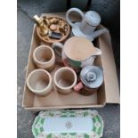 Box of collectables includes German pottery tea pot, vintage Kirkwall plum jam jars and brass