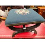 Antique trestle stool with fitted blue embroidery top and bouquet middle design, produced by