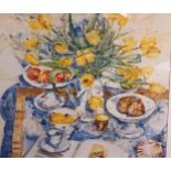 Large watercolour titled '' The Goldfinch'' (A jug of yellow tulips) by Sarah McLaren dated 1999 [