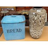 West German drip glaze large vase, together with enamel lidded bread bin.