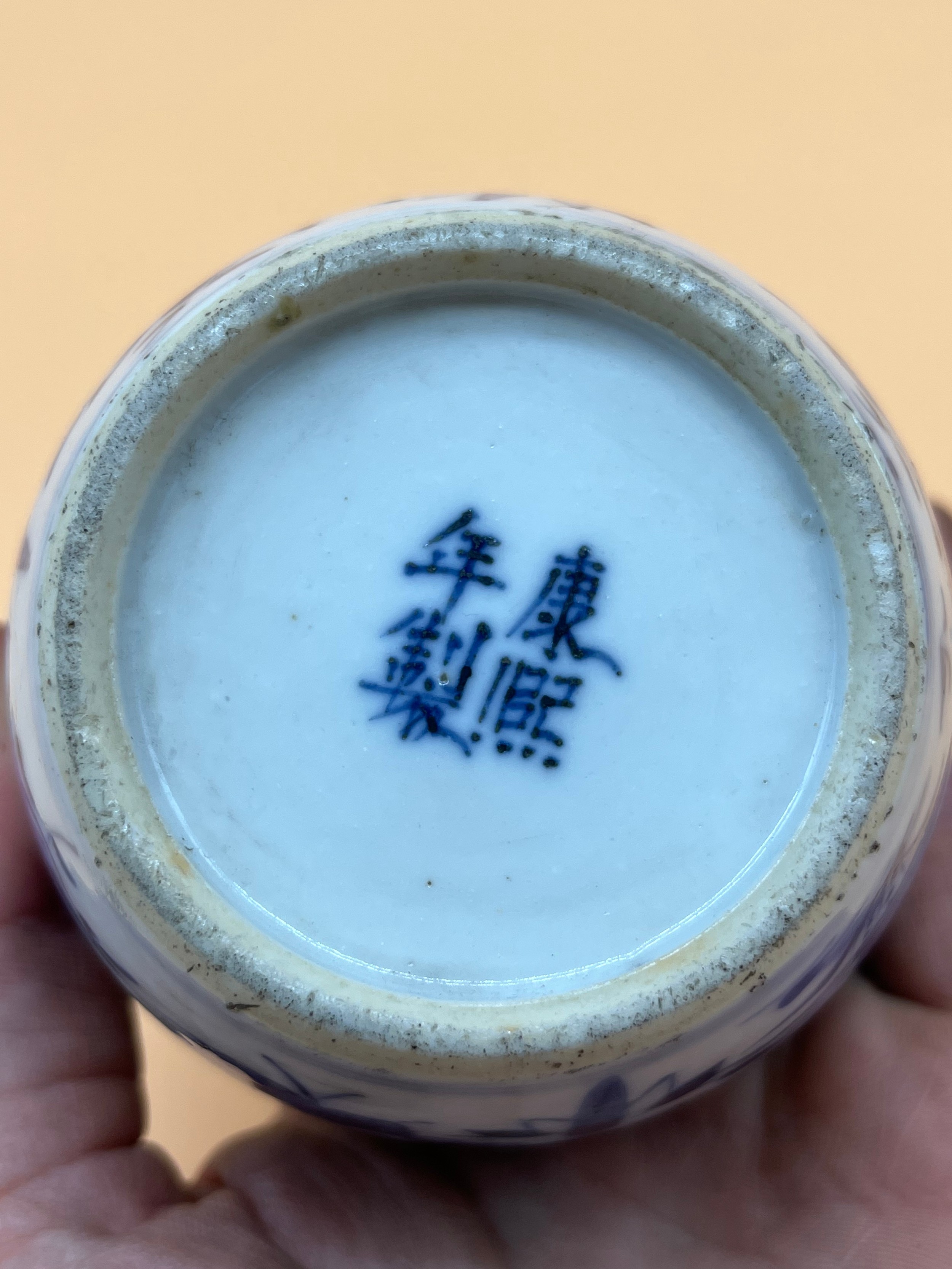 19th century Chinese Kangxi Nian Zhi blue and white small preserve pot. Hand painted with birds, - Image 4 of 4