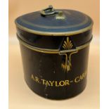 Antique 19th century hat/ wig box. Black ground with gilt painted trims, brass handle and named to