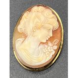 Yellow Gold and carved cameo brooch/ pendant. Stamped 750. [Other hallmarks rubbed] [4.5x3cm]