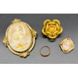 Three Victorian brooches, Includes large cameo carved swivel mourning brooch/ pendant, small gilt