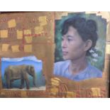Oil/Gold leaf on board depicting Aung San suu kyi, unsigned. [60x69cm]