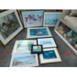 Selection of art works to includes horse jumper print , oil painting coastal , stag print etc