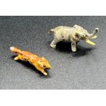 Two very small antique bronze cold painted figures- fox and elephant. [elephant- 1.5cm in length]