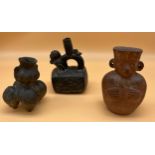 Three antique Chimu historical items to include Stirrup spout vessel pot- detailed with monkey and