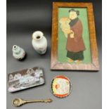 Collection of Chinese collectables to include Lac Burgaute Japanned mother of pearl tin box, Chinese