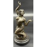 Bronze nude lady sculpture sat upon a round marble base. Signed Milo. [26cm high]