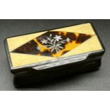 19th century Horn snuff box detailed with mother of pearl and tortoise shell inlay. [2x6x3cm]