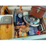 Box of collectables includes silver hall marked handled knifes etc .