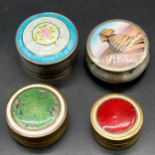 Four various enamel lidded pill boxes. 800 grade silver and Egyptian scene enamel lid, Sterling