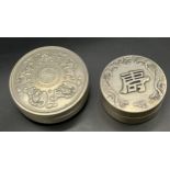 Two Chinese ornate white metal/ plated preserve pots with lids. Together with carved jade/ stone