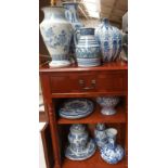 Various blue and white ware to include lamp, vase, pots and plates.