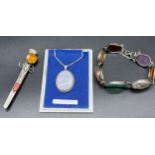 Antique silver and agate stone bracelet, Silver and agate pendant with silver chain and Glasgow