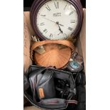 Box of odds to include various cameras, Brass galleon model bookends, basket and clock