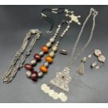 Collection of Middel east jewellery to include amber and white metal necklace, White metal