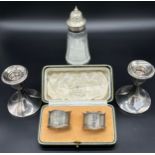 Boxed Sheffield silver napkin rings [2], Birmingham silver top and crystal cut sugar shaker.