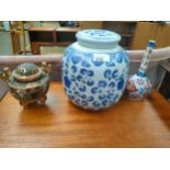 Oriental blue and white temple jar together, Oriental bottled neck vase together with Censor pot