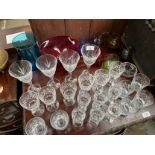 Selection of cut crystal glasses and murano style art glass etc